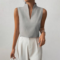 Striped Sleeveless Blouse with Stand Collar and V-Neckline