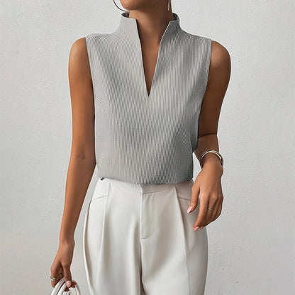 Striped Sleeveless Blouse with Stand Collar and V-Neckline
