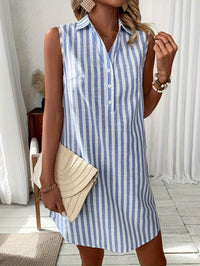 Striped Sleeveless Shirt Dress with Collar and Button Front