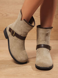 Suede Ankle Boots with Contrast Buckle Strap and V-Cut Top