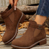 Suede Chelsea Ankle Boots with Block Heel and Buckle Detail