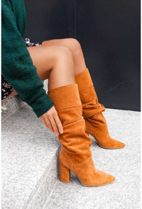 Suede Knee High Boots with Block Heel and Pointed Toe