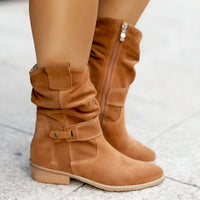 Suede Mid-Calf Boots with Block Heel and Buckle Strap