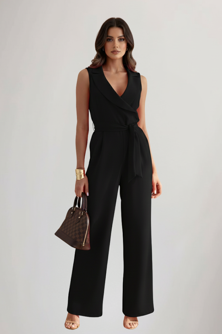 Tailored Wide Leg Jumpsuit with Wrap Front and Tie Waist