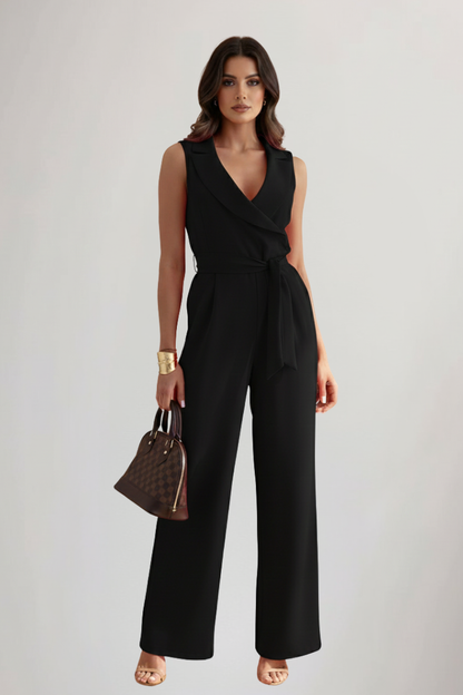 Tailored Wide Leg Jumpsuit with Wrap Front and Tie Waist