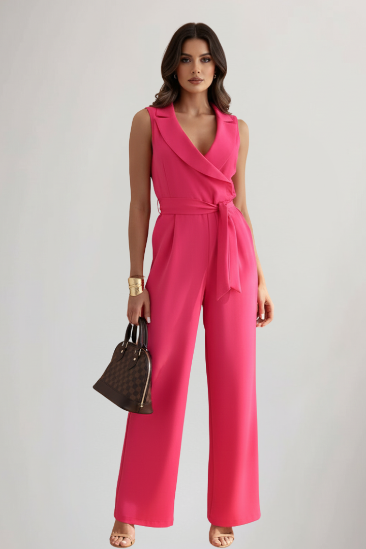 Tailored Wide Leg Jumpsuit with Wrap Front and Tie Waist