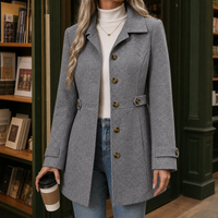 Tailored Wool Coat with Gold Buttons and Waist Tabs