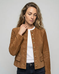 Tan Suede Jacket with Gold Military Buttons and Collarless Neck