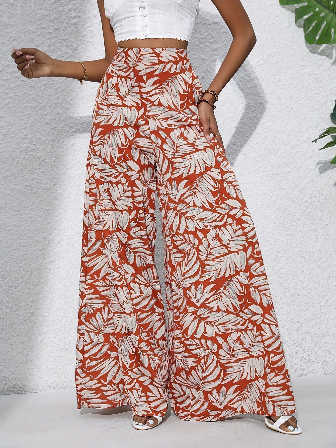 Tropical Print High Waist Wide Leg Trousers