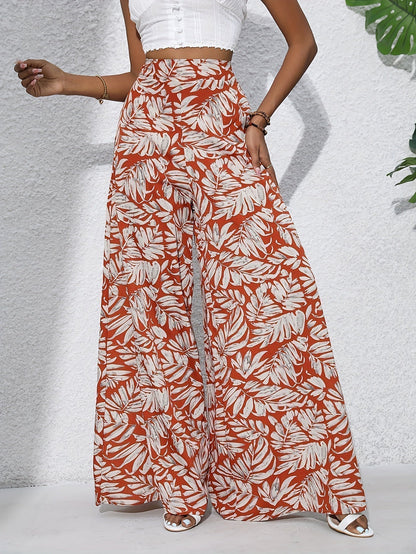 Tropical Print High Waist Wide Leg Trousers