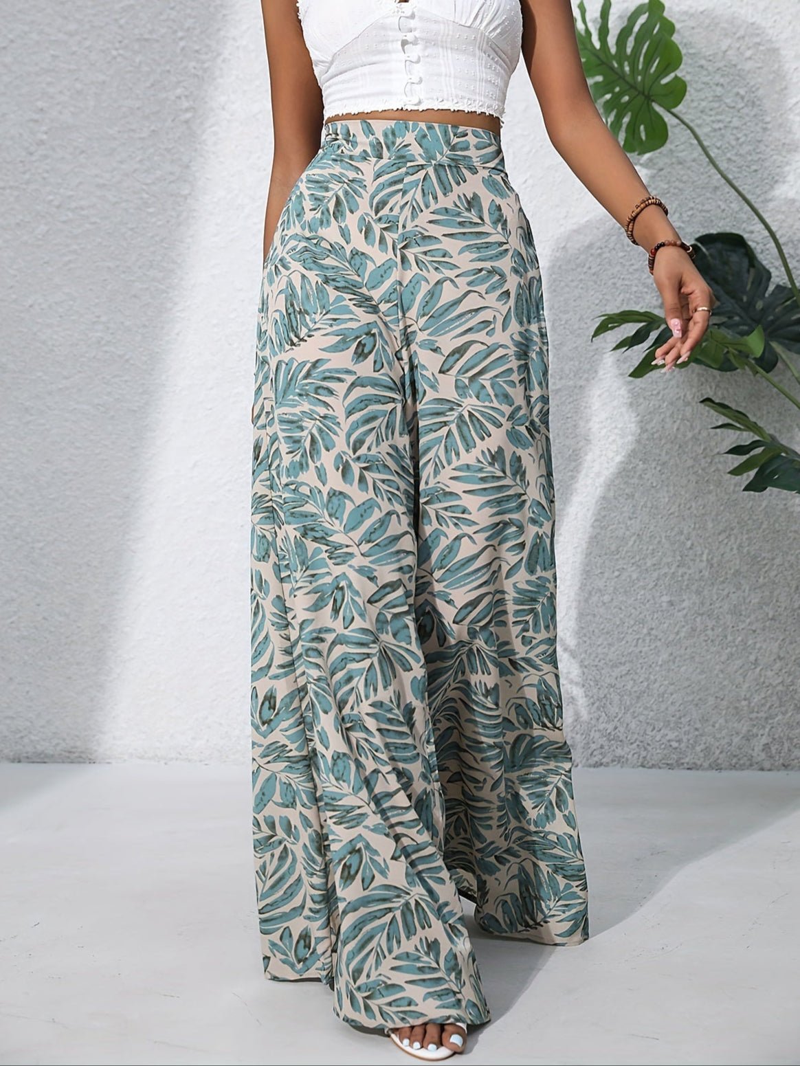 Tropical Print High Waist Wide Leg Trousers