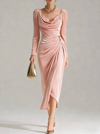 Velvet Long Sleeve Midi Dress with Cowl Neck and Gold Button Detail