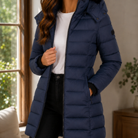 Warm Hooded Long Puffer Jacket with Ribbed Cuffs