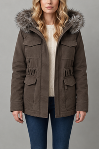 Warm Hooded Parka with Fur Trim Hood and Drawstring Waist