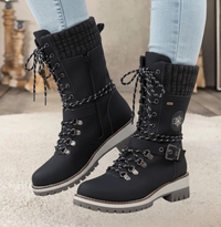 Warm Lace Up Winter Boots with Knit Collar and Buckle Detail