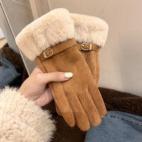 Warm Suede Gloves with Fluffy Cuff and Gold Buckle Detail