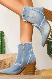 Western Ankle Boots in Denim with Raw Frayed Edges and Block Heel