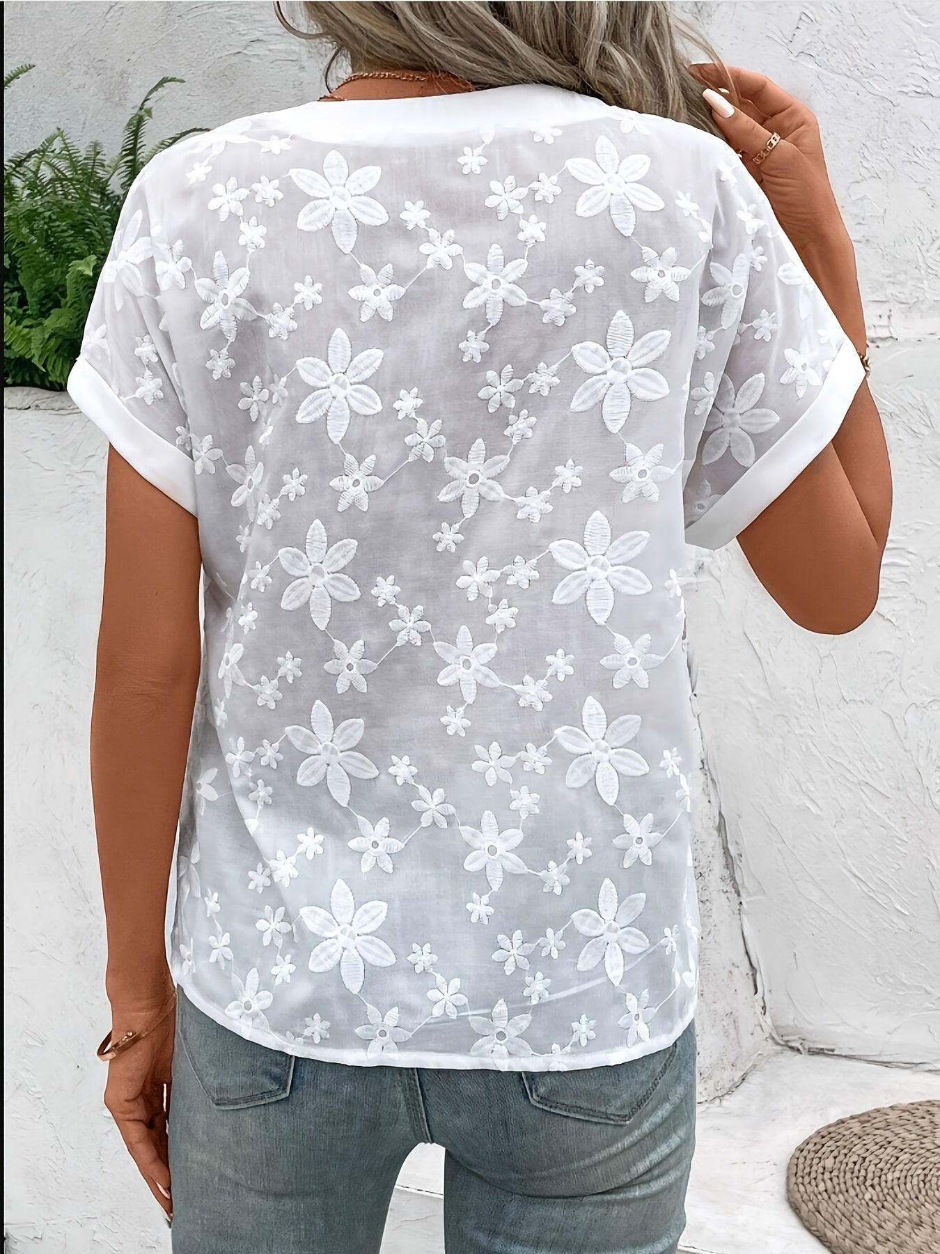 White Floral Embroidered Blouse with V-Neckline and Button Detail