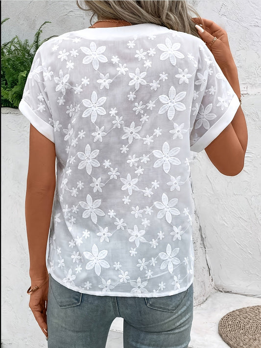 White Floral Embroidered Blouse with V-Neckline and Button Detail