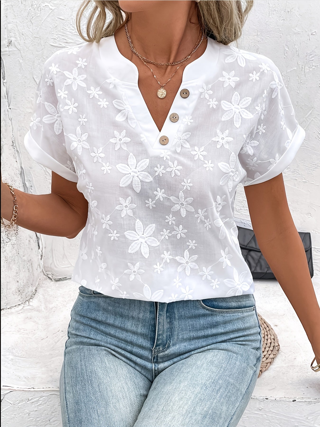 White Floral Embroidered Blouse with V-Neckline and Button Detail