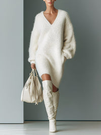 White Fluffy Oversized Mini Sweater Dress with V-Neckline