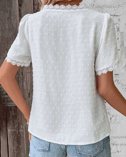 White Lace Trim Blouse with Swiss Dot Texture and V-Neckline