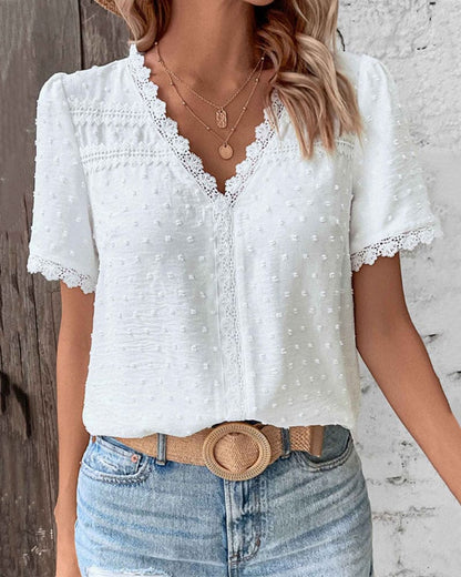 White Lace Trim Blouse with Swiss Dot Texture and V-Neckline