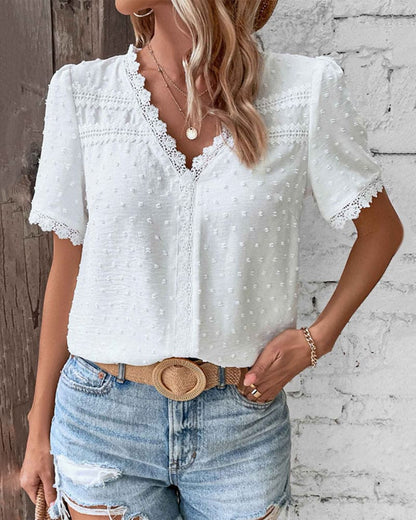 White Lace Trim Blouse with Swiss Dot Texture and V-Neckline