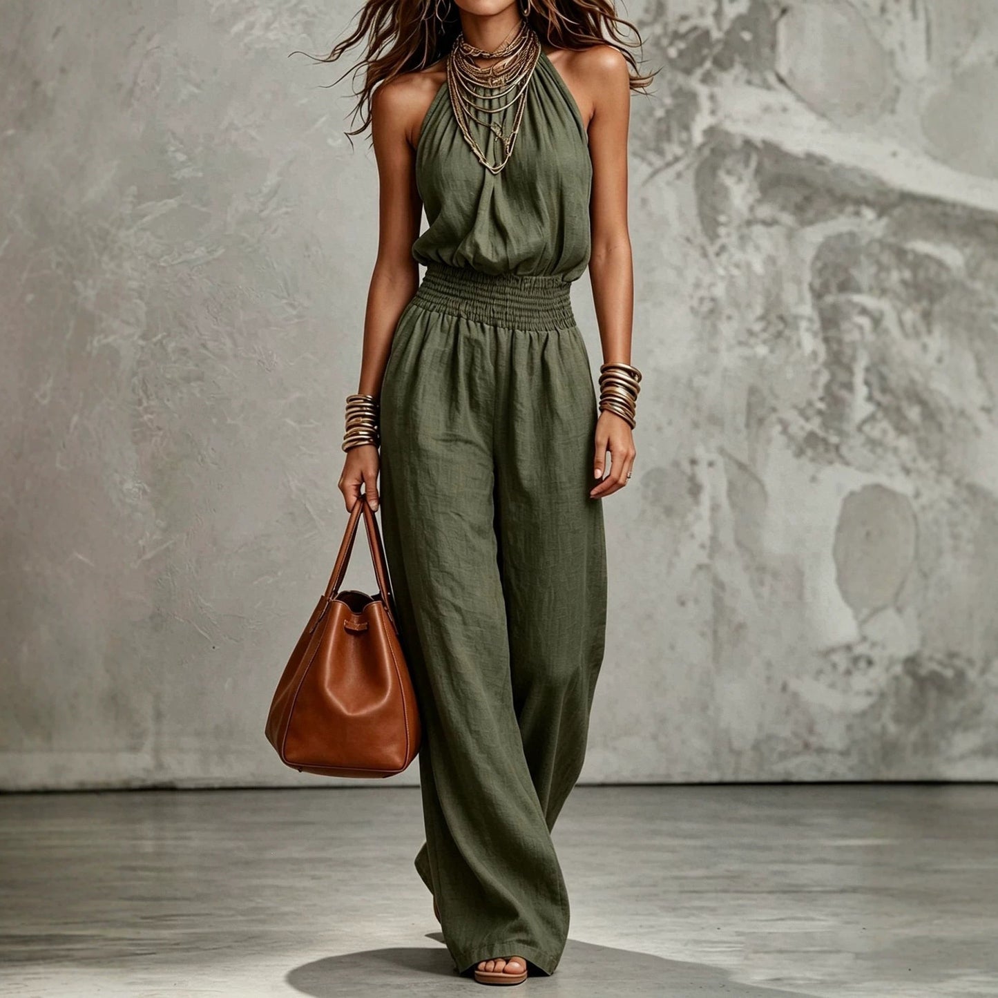 Wide Leg Linen Jumpsuit with Halter Neck and Smocked Waist