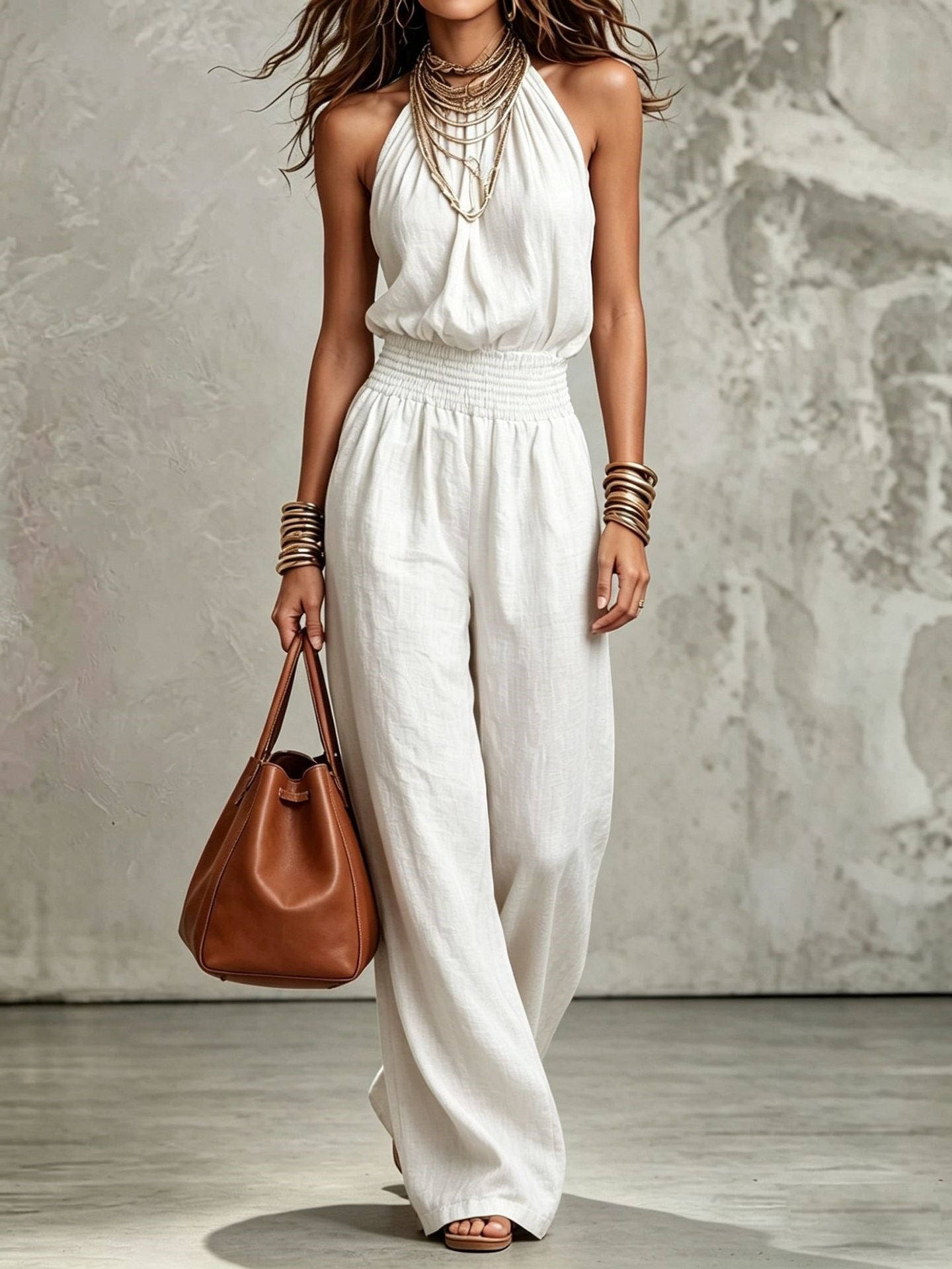 Wide Leg Linen Jumpsuit with Halter Neck and Smocked Waist