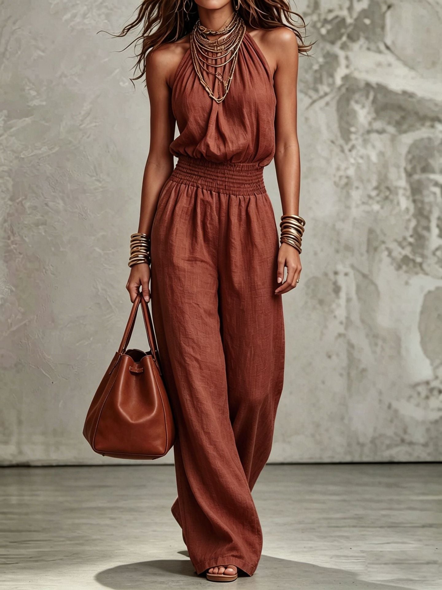 Wide Leg Linen Jumpsuit with Halter Neck and Smocked Waist