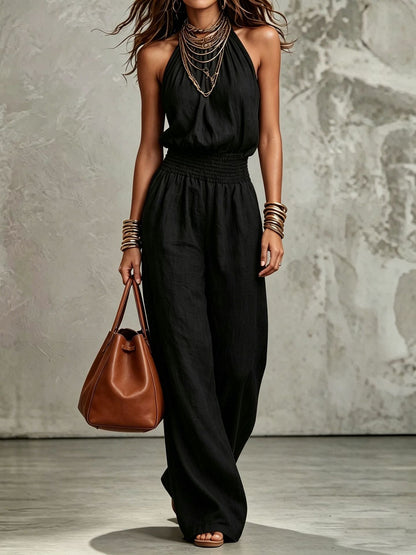 Wide Leg Linen Jumpsuit with Halter Neck and Smocked Waist