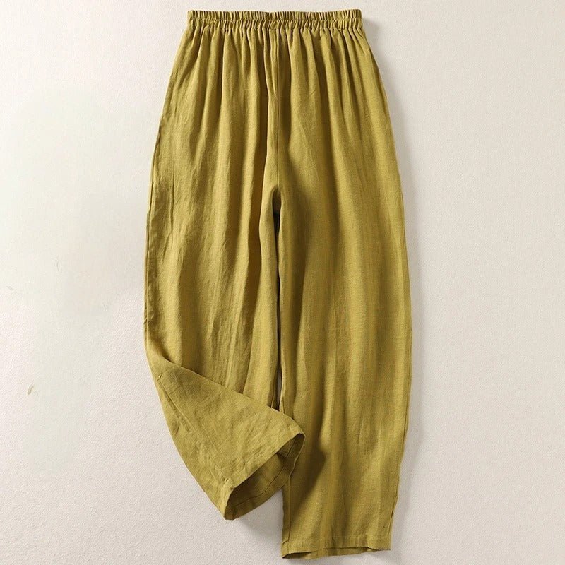 Wide Leg Tapered Linen Trousers with Elasticated Waist