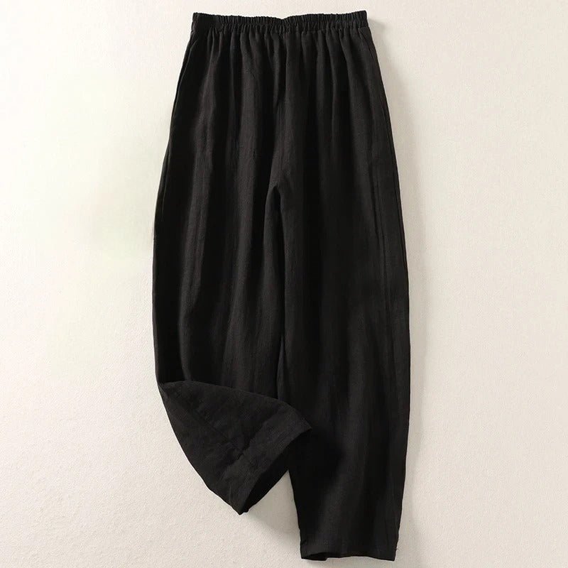 Wide Leg Tapered Linen Trousers with Elasticated Waist