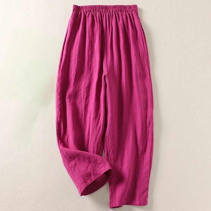 Wide Leg Tapered Linen Trousers with Elasticated Waist