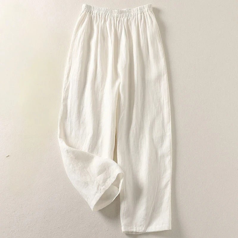 Wide Leg Tapered Linen Trousers with Elasticated Waist