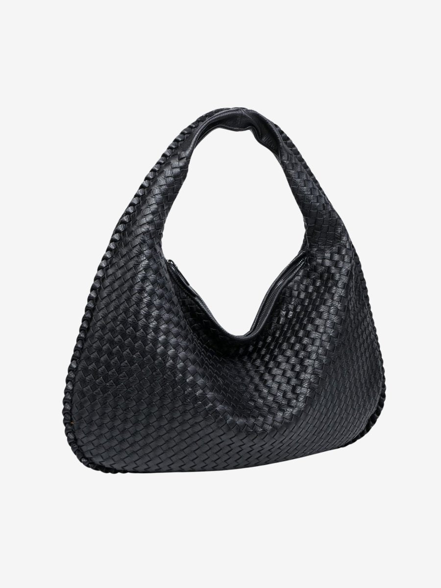 Woven Leather Shoulder Bag with Zip Closure