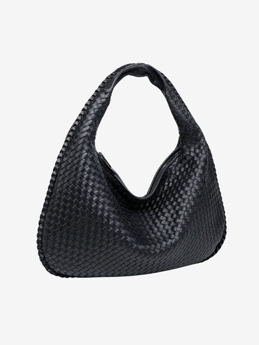 Woven Leather Shoulder Bag with Zip Closure