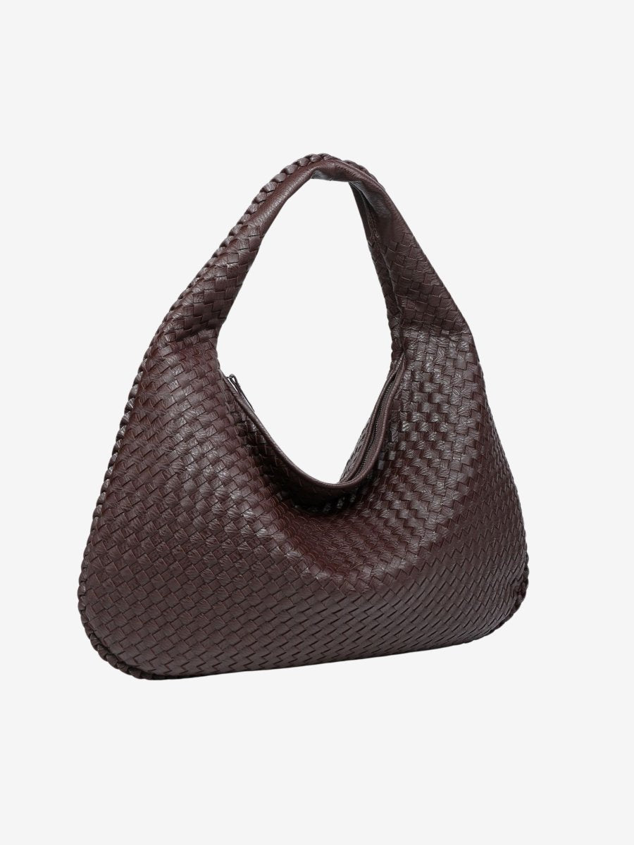 Woven Leather Shoulder Bag with Zip Closure