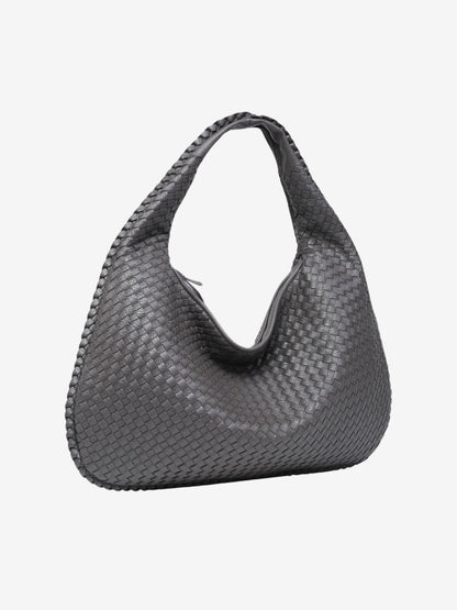 Woven Leather Shoulder Bag with Zip Closure
