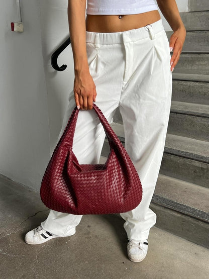 Woven Leather Shoulder Bag with Zip Closure