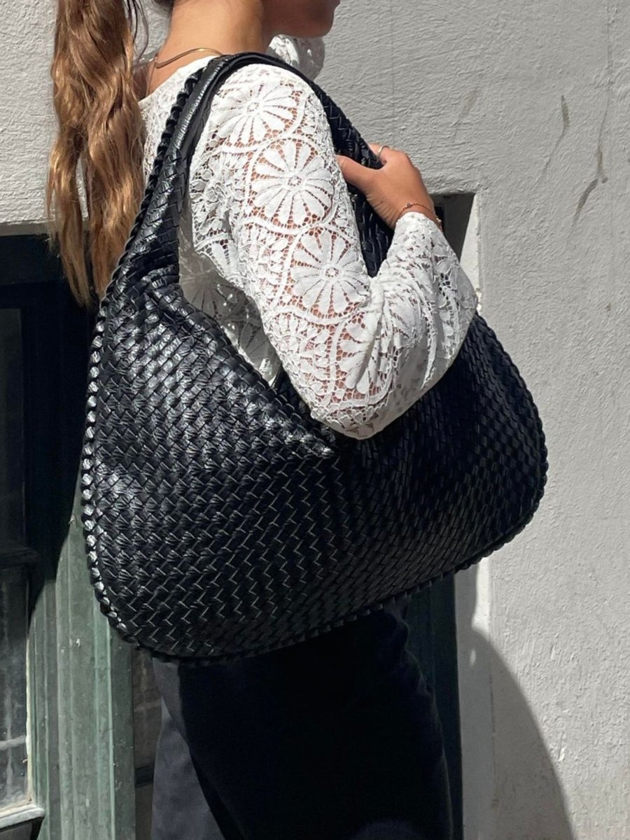 Woven Leather Shoulder Bag with Zip Closure