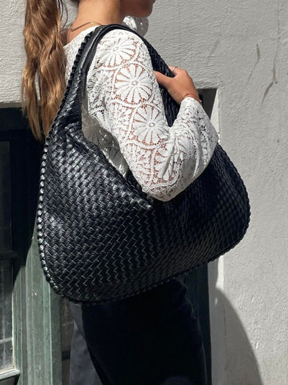 Woven Leather Shoulder Bag with Zip Closure