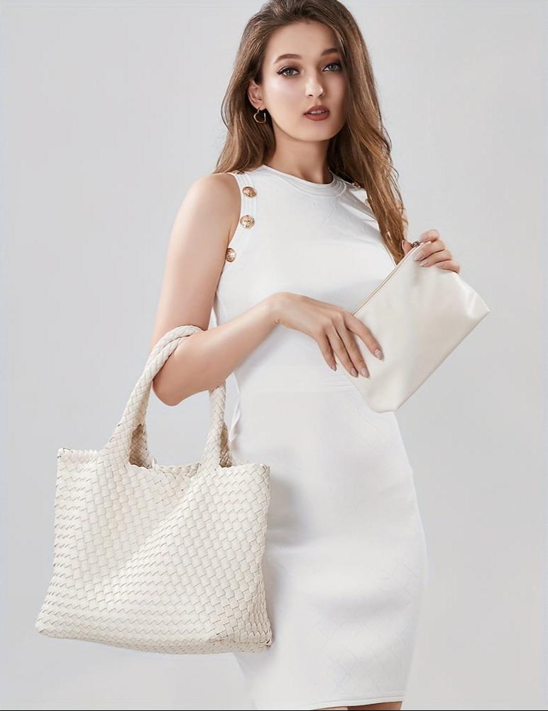 Woven Vegan Leather Tote Bag with Braided Handles