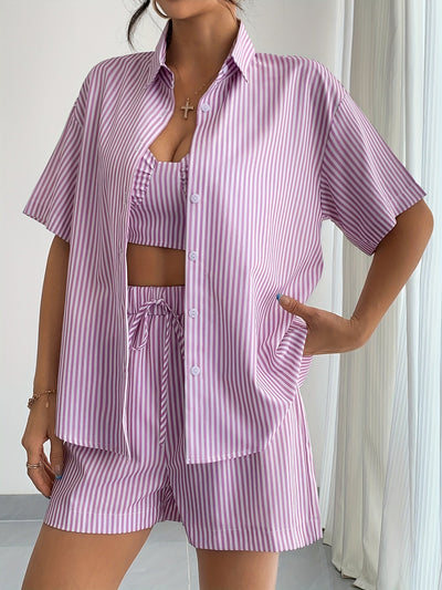 Viola | Stripete 3-delt sommerset med cami, shorts og skjorte