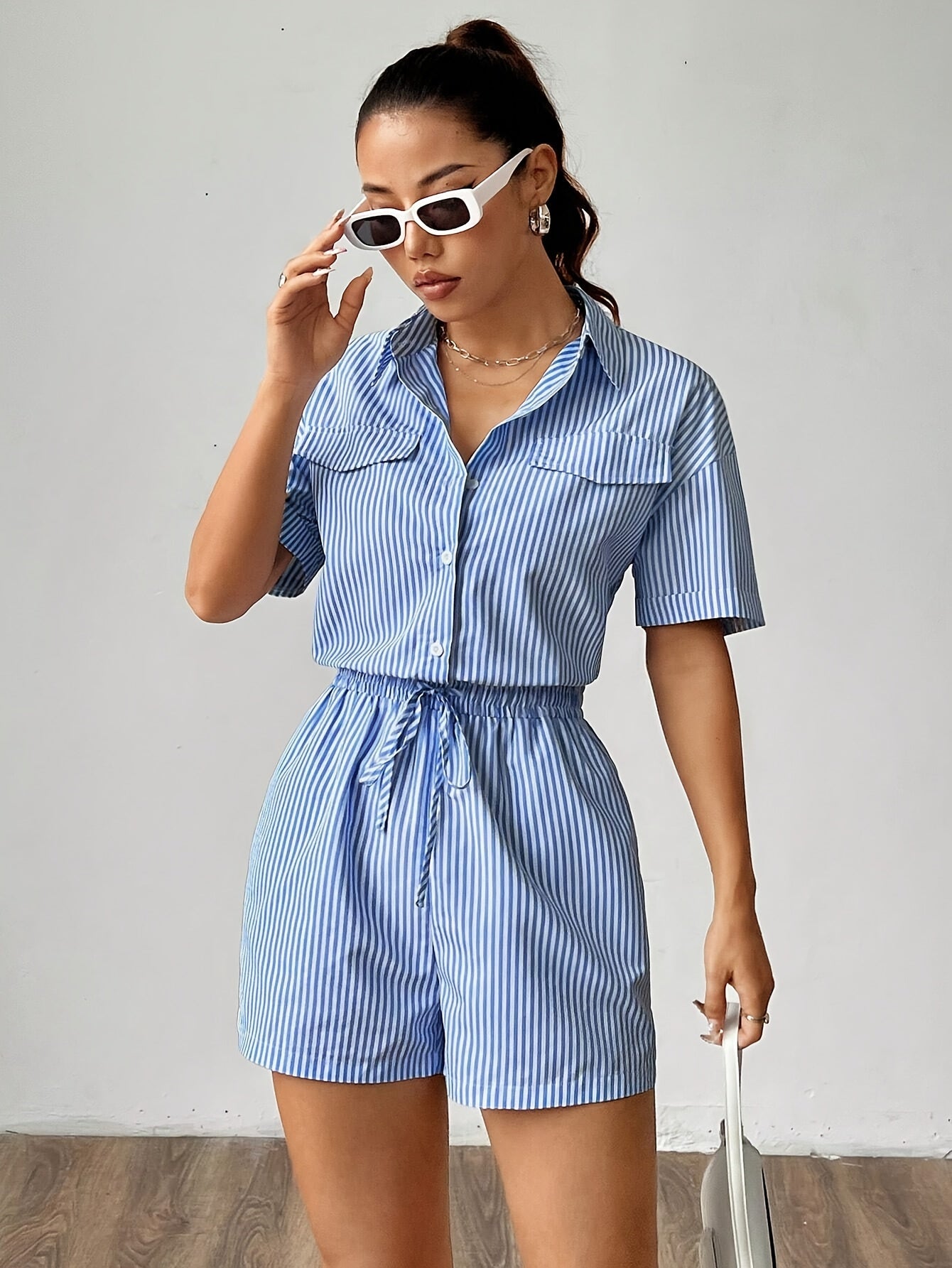 Ella | Gestreepte Skjortejumpsuit met Snøring