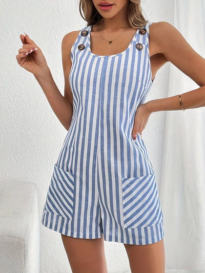 Julie | Gestreepte zomerjumpsuit met knopen en zakken