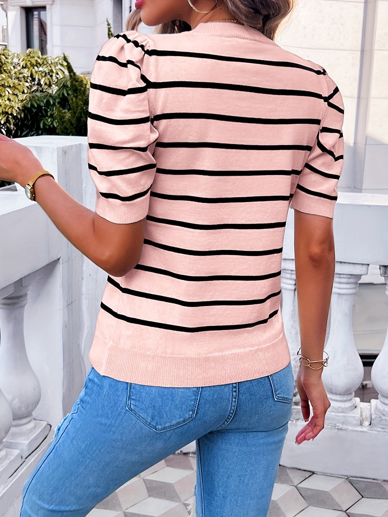 Helene | Stripe Viscose Sweater met Puffermouwen