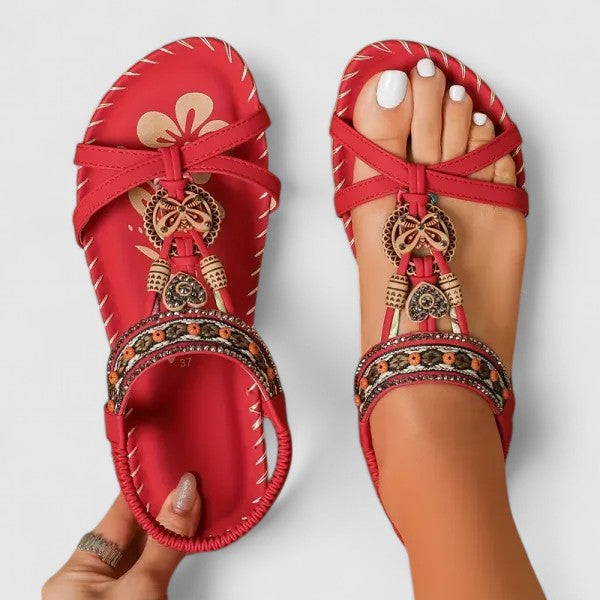 Boho Beaded Flat Sandals with Elastic Ankle Strap
