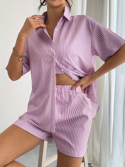 Viola | Stripete 3-delt sommerset med cami, shorts og skjorte